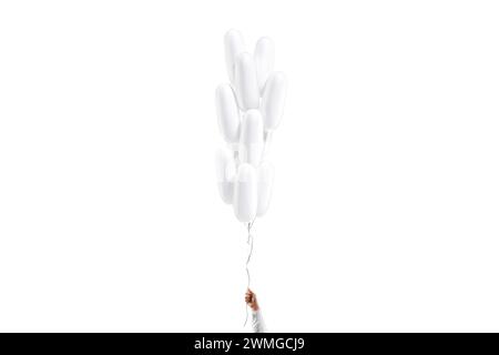 Hand holding blank white cylindrical balloon stack mockup, isolated, 3d rendering. Empty helium decoration bouquet in arm mock up, front view. Clear i Stock Photo