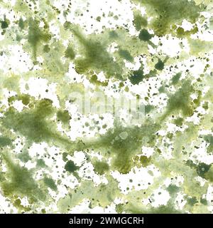 Watercolor yellow spots, splashes seamless pattern. Hand painted illustration. Abstract olive, grass green color spots splashes, stains Isolated white Stock Photo