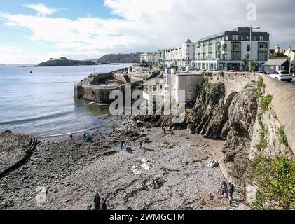 Paddle boarders enjoy late February sunshine on a pebble beach at West Hoe in Plymouth. The beach recently made safe from a dangerous cliff is free an Stock Photo