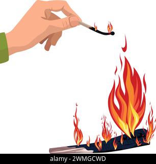 Kindling a bonfire. A match that burns out in the hands. Burning firewood. Stock Vector
