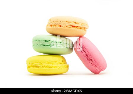 French dessert colorful macarons isolated on white background Stock Photo