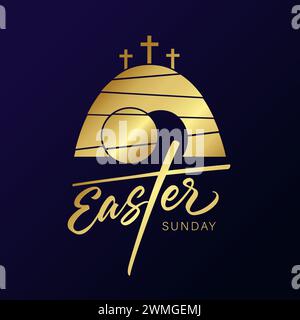 Calvary and tomb, Easter Sunday youth golden design. Christian symbols - Calvary, three crosses and an open tomb. Vector illustration Stock Vector