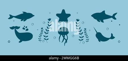 Set of sea animals. Vector. Isolated on white background.Childlike style. Stock Photo