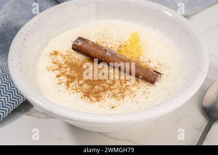 Homemade rice pudding in a bowl with cinnamon ready to eat. Typical Spanish dessert Stock Photo