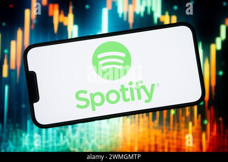 In this photo illustration a Spotify logo seen displayed on a smartphone. (Photo by Mateusz Slodkowski / SOPA Images/Sipa USA) *** Strictly for editorial news purposes only *** Stock Photo