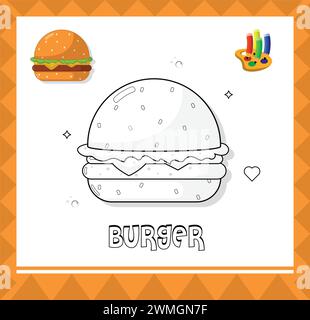 Hamburger sketch, colouring page illustration for kids Stock Vector