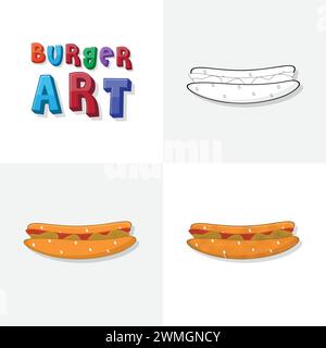 Hamburger art sketch, colouring page, flat and realistic burger fast food illustration for kids Stock Vector