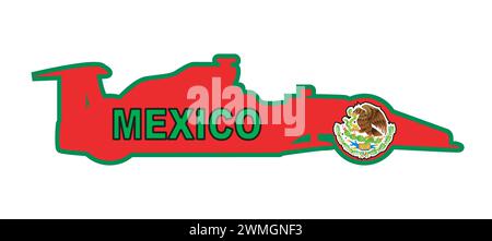 A silhouette of a trpical racing car on a white background with the text Mexico and in the colours of the Mexicn national flag and flag icons Stock Vector