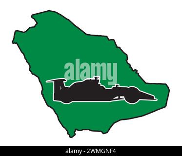 A silhouette map of Saudi Atabia in the colors of the national flag with a racing car silhouette inset Stock Vector