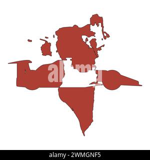 silhouette map of the Arab League country of Bahrain in the colors of the national flag with a racing car inset Stock Vector