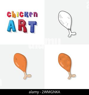 Chicken art sketch, colouring page, flat and realistic chicken fast food illustration for kids Stock Vector