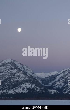 Monduntergang... Rocky Mountains  Wyoming, USA , Vollmond in eisklater Nacht über der Grand Teton Range vor zart rosa farbenem Nachthimmel, idyllische Winterstimmung, Landschaftsbild Vereinigte Staaten *** Daybreak with moonset above the Teton Range, purple sky over snow covered mountains, hills, close to Jackson Hole, Wyoming, USA Wyoming Nordamerika, Vereinigte Staaten von Amerika Stock Photo