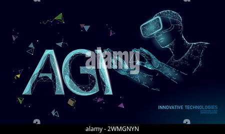 Artificial general intelligence low poly letter symbols. Minimalist style AGI icon. Man head machine learning concept technology AI brain vector illus Stock Vector