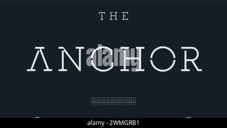 Slab serif minimalist alphabet, strokes lines letters, bold regular thin stencil font for striking branding, elegant headline, fashion logo. Clean Stock Vector