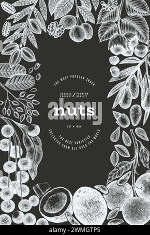 Hand Drawn Nuts Branch And Kernels  Template. Organic Seed Vector Design. Retro Chalk Board Nut Illustration. Stock Vector