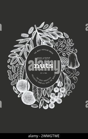 Hand Drawn Nuts Branch And Kernels  Template. Organic Seed Vector Design. Retro Chalk Board Nut Illustration. Stock Vector