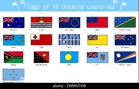 Flags of the world, set of 16 countries of Oceania, hand-painted style, Vector Illustration Stock Vector