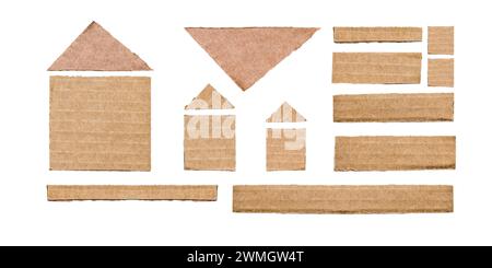 Cut out cardboard set of layouts. Blank tag for showing price or discount, isolated on white. Cardboard mockup set Stock Photo