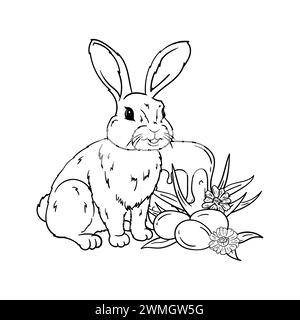 A hare sits near an Easter cake and eggs in flowers. Coloring book, black and white illustration for Easter card Stock Vector