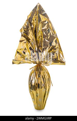 Easter egg wrapped in glittering golden paper isolated Stock Photo