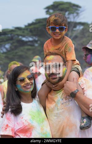 Melbourne, Victoria, Australia. 25th Feb, 2024. People celebrating Festivals of colours Holi (a part of the celebration of the oneness of the human spirit) organized by Explore Hare Krishna Valley in Melbourne. Holi is a sacred ancient tradition of Hindus, a holiday in many states of India and Nepal with regional holidays in other countries. It is a cultural celebration that gives Hindus and non-Hindus alike an opportunity to have fun banter with other people by throwing coloured water and powder called gulal at each other, honors the triumph of good over evil. Celebrants light bonfires, ea Stock Photo