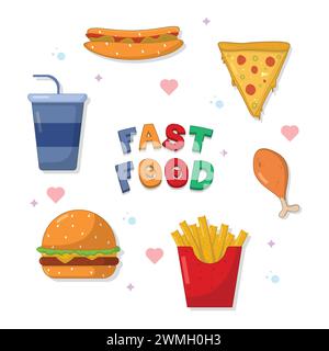 Set of fast food hamburger dinner and restaurant, colourful fast food text, stickers, unhealthy fast food nutrition in flat style Stock Vector