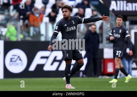 Weston Mckennie of Juventus Fc  gestures during the Serie A football match beetween Juventus Fc and Frosinone Calcio at Allianz Stadium on February 25, 2024 in Turin, Italy . Stock Photo