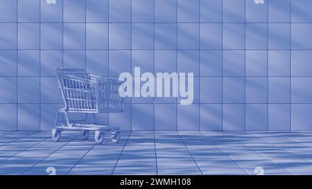 This illustration depicts a shopping cart placed atop a keyboard background, merging the concepts of online shopping and digital technology. Stock Photo