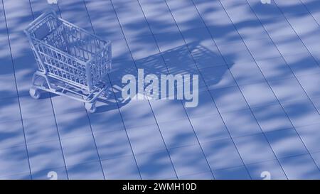 This illustration depicts a shopping cart placed atop a keyboard background, merging the concepts of online shopping and digital technology. Stock Photo