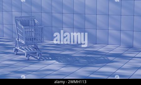 This illustration depicts a shopping cart placed atop a keyboard background, merging the concepts of online shopping and digital technology. Stock Photo