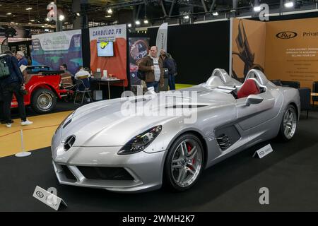 Paris, France - Rétromobile 2023. Focus on a metallic silver 2010 Mercedes-Benz SLR Stirling Moss. Chassis no. WDD1999761M900055. Stock Photo
