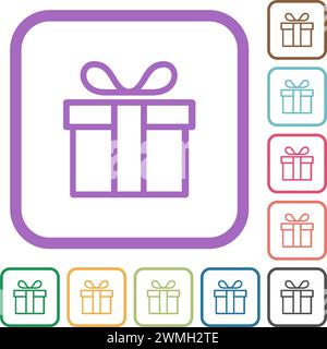 Gift box outline simple icons in color rounded square frames on white background Stock Vector