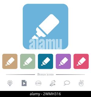 Office marker solid white flat icons on color rounded square backgrounds. 6 bonus icons included Stock Vector