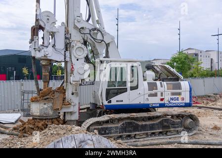Nancy, France - Focus on a white drilling rig Casagrande B155E for special foundations on construction site. Stock Photo