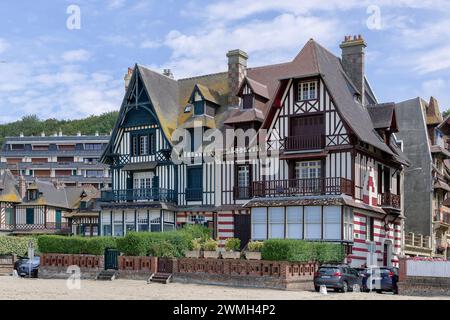 Trouville-sur-Mer, France - The Seaside Villas built between 1860 and 1880 in an architectural eclecticism style. They overlook a sandy beach. Stock Photo