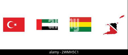 FLAG OF TURKEY, FLAG MAP OF TRINIDAD AND, FLAG OF THE UNITED ARAB EMIRATES, FLAG OF BOLIVIA. vector illustration isolated on white background. Stock Vector