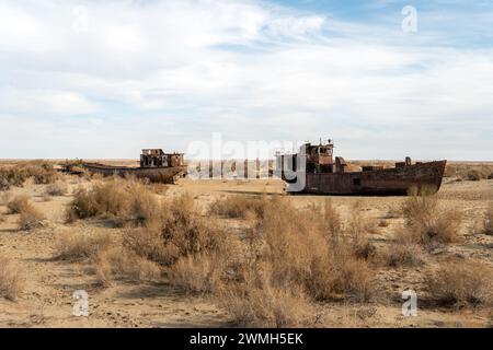 Rusty ships at the ship graveyard in former Aral sea port town Moynaq (Mo ynoq or Muynak), Uzbekistan Stock Photo