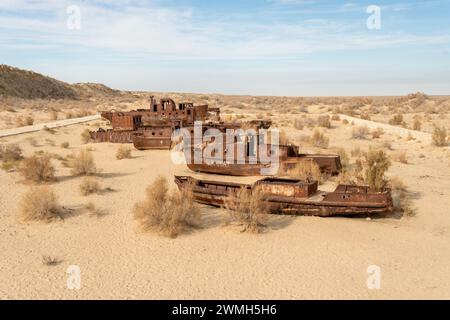 Rusty ships at the ship graveyard in former Aral sea port town Moynaq (Mo ynoq or Muynak), Uzbekistan Stock Photo