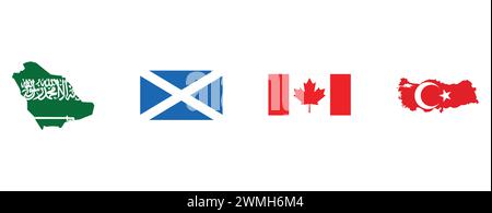 FLAG MAP OF SAUDI ARABIA, FLAG OF CANADA, FLAG OF SCOTLAND, FLAG MAP OF TURKEY. vector illustration isolated on white background. Stock Vector