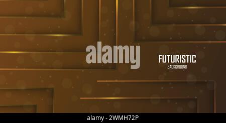 Futuristic dark brown abstract background with gold lines and shadow, geometric shape overlap layers, graphic pattern banner template design Stock Vector
