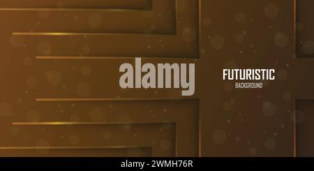 Futuristic dark brown abstract background with gold lines and shadow, geometric shape overlap layers, graphic pattern banner template design Stock Vector