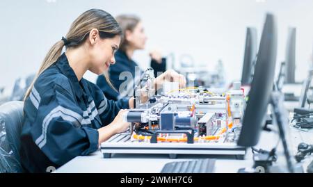 Mechanical engineering team working in robotic technology lap for research and develop for manufacturing automation and robotics. Stock Photo