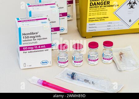 Emicizumab, sold under the brand name Hemlibra, is a humanized bispecific monoclonal antibody for the treatment of Haemophilia A. Stock Photo