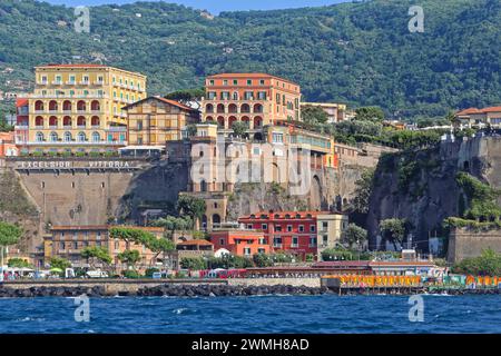 Sorrento, Italy - June 26, 2014: Hotel Excelsior Vittoria at Cliff and Harbour Port View From Sea Summer Day Travel. Stock Photo