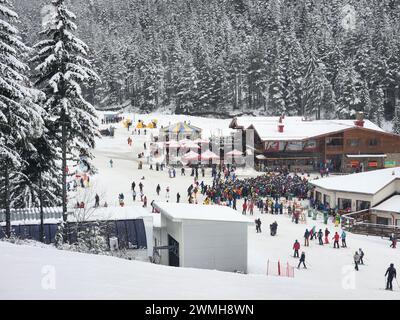 A diverse group of skiers and snowboarders enjoy winter sports on a snowy mountain Stock Photo