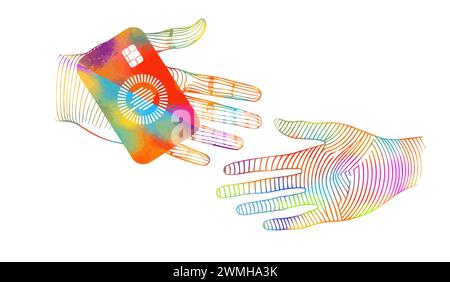 Colored hand holding a credit card. Bank card in hand. SHOTLISTbanking. hand drawing. Not AI, Vector illustration Stock Vector