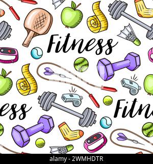 Hand drawn doodle fitness and sport seamless pattern. Healthy lifestyle concept. Stock Photo