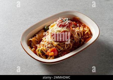 Spicy cream shrimp fondue Korean food dish Brick Pasta Rosé Cream Shrimp Tteokbokki Mac and Cheese Potatoes Tomato Meatlover Pasta Stock Photo