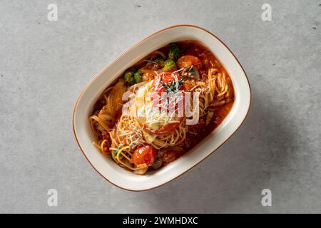 Spicy cream shrimp fondue Korean food dish Brick Pasta Rosé Cream Shrimp Tteokbokki Mac and Cheese Potatoes Tomato Meatlover Pasta Stock Photo