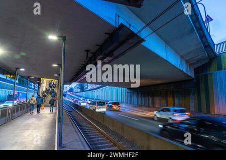 Subway station, Breslauer Straße U18, in the middle of the highway A40, city center of Essen, dark, loud, Essen NRW, Germany, Stock Photo